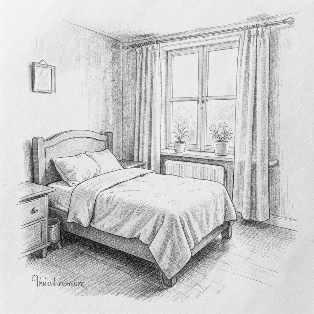 Composition au graphite d'un intérieur d'atelier avec châssis et couleurs, ambiance feutrée