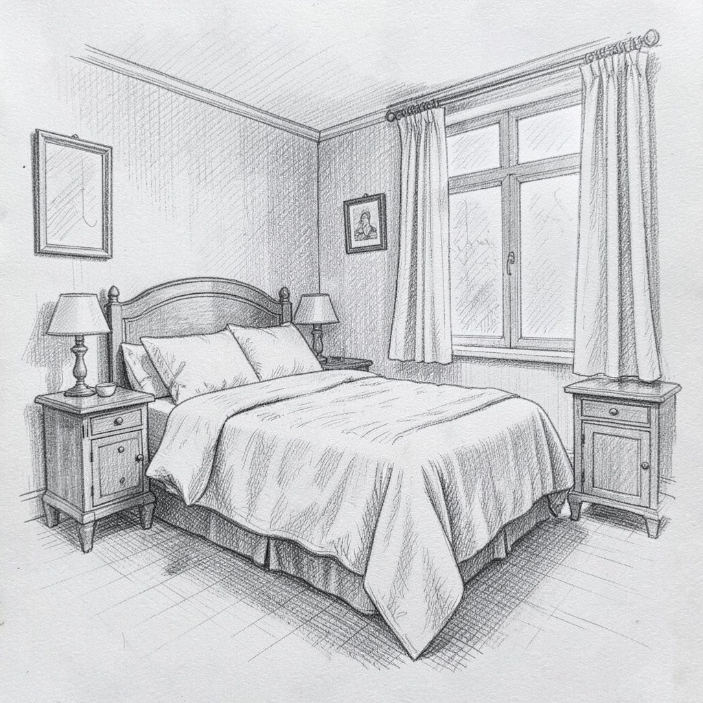 Croquis au graphite d'un portrait féminin, ambiance feutrée, palette de gris