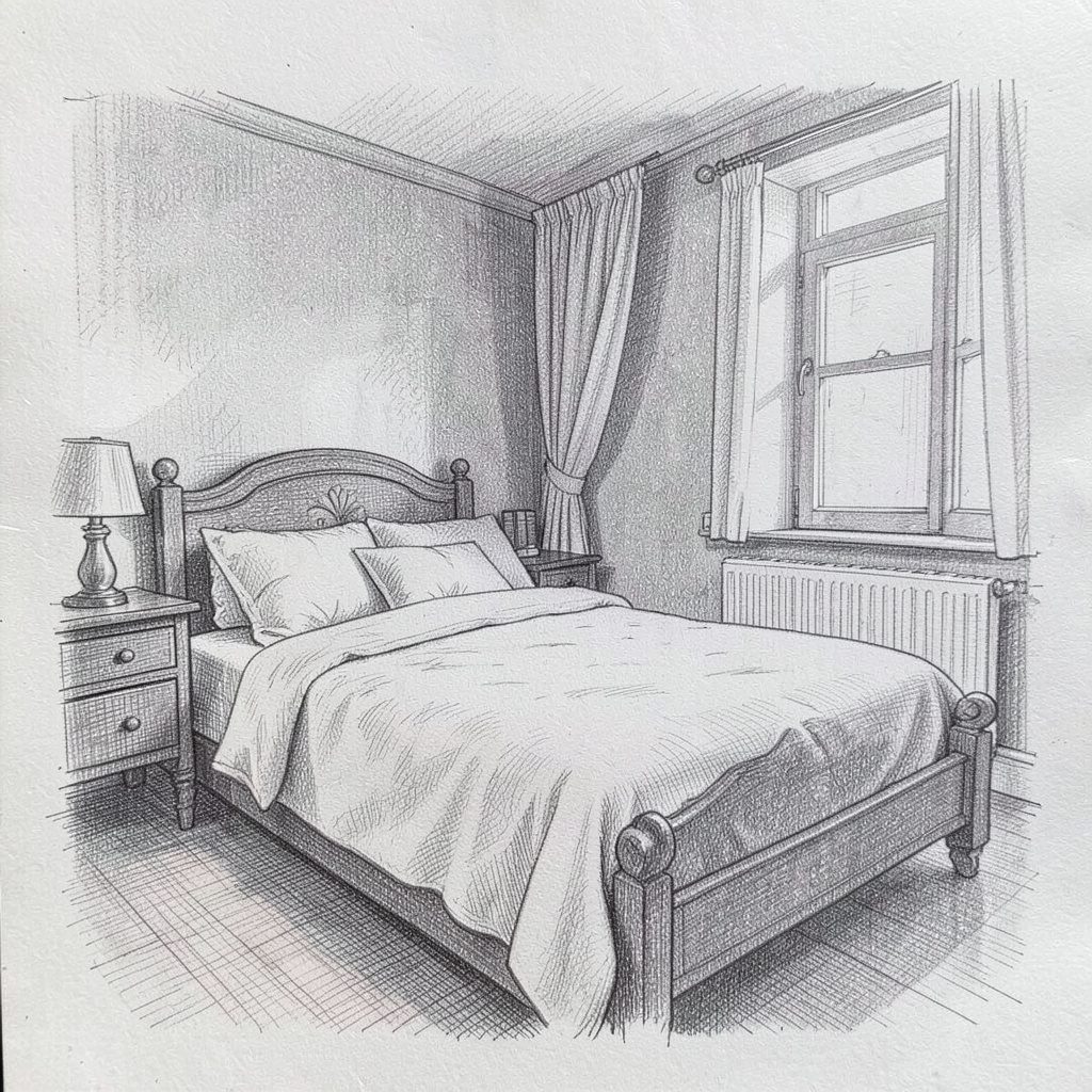 Vue d'ensemble d'un cabinet de curiosités dessiné au crayon, lumière tamisée