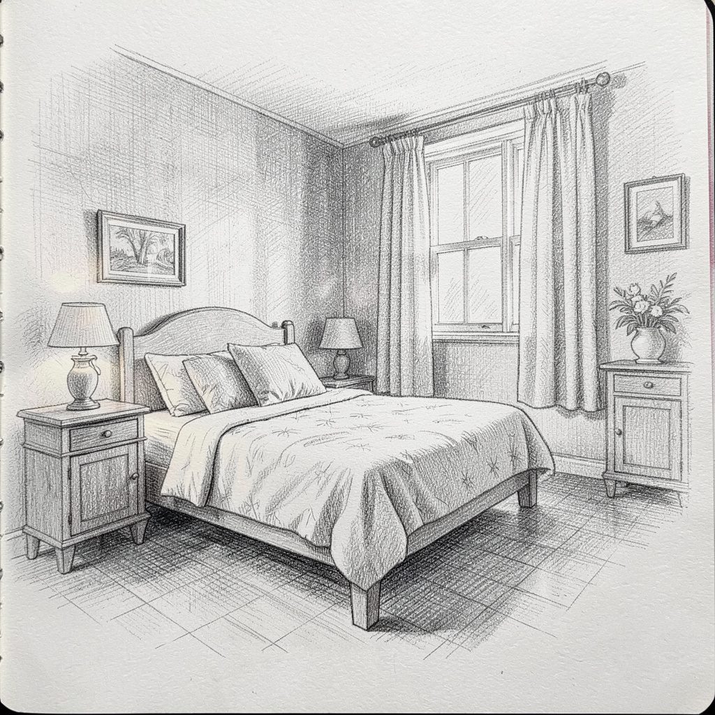 Étude au graphite d'un autoportrait de profil, ambiance d'atelier, gris doux